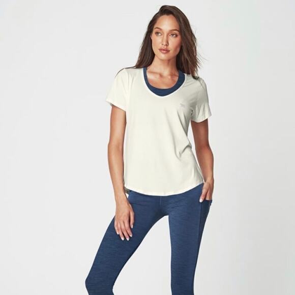 Running Bare Women L Athletic Short Sleeve Relaxed V-Neck Cream Dry Fit Mesh - Picture 5 of 14